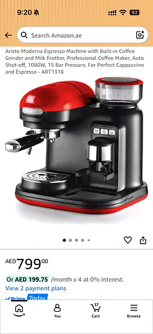 Ariete Moderna Espresso Machine with Built-in Grinder - Red/Black with All accessories