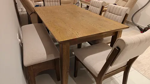 Solid Wood Dining Table with 4 Chairs and Bench - Light Oak Finish