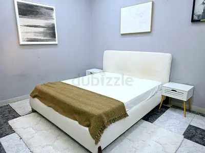 Modern Upholstered Bed Set with Two White Nightstands