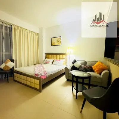 Studio in Al Furjan, Dubai—spacious, with a kitchen and bathroom. Furnished to hotel standards; second-time occupancy. Price includes all utilities (e