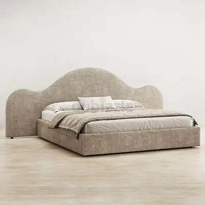 Beige Upholstered Double Bed with Curved Headboard