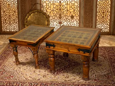 Pair of Vintage Low Wooden Coffee Tables with Inlaid Metal Tops