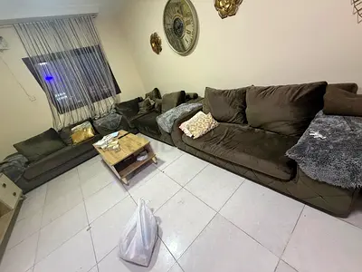 Large brown fabric L-shaped sofa set — comfortable, good condition
