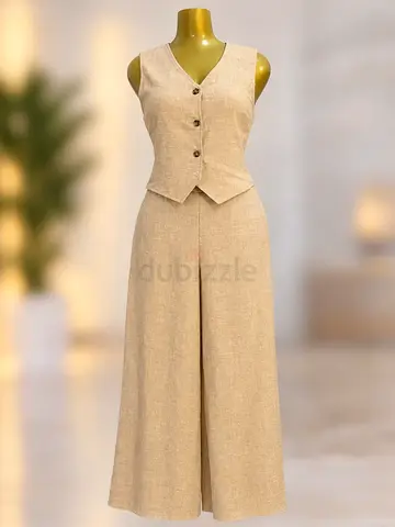 Beige Linen Two-Piece Women's Vest and Wide-Leg Trousers Set, Size Unspecified