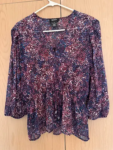DKNY Printed Long-Sleeve Blouse - Size XS