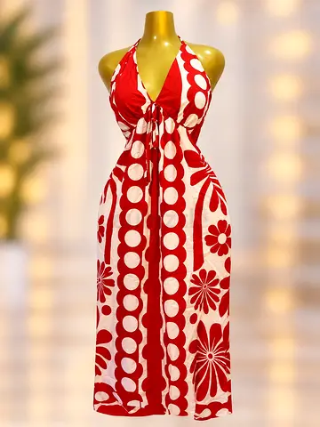 Red and White Floral Halter Beach Dress, Size Medium