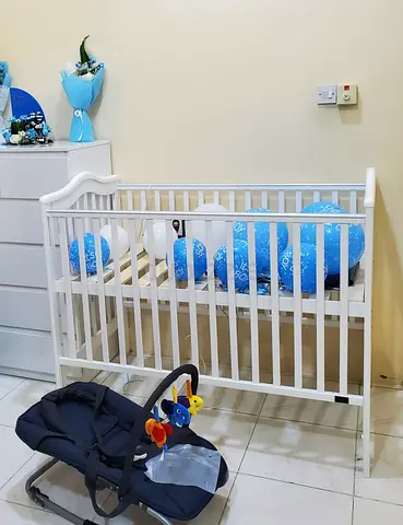 White Wooden Baby Crib from Centerpoint and Mattress still in packing