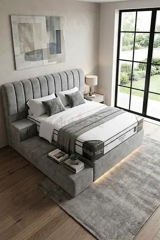 Gray upholstered platform bed with storage - King size