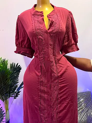 Maroon Embroidered Midi Dress with Puff Sleeves - Size Unknown