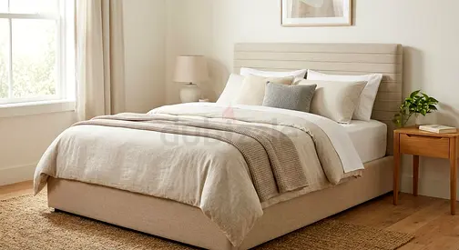 Queen size upholstered bed frame with headboard - neutral beige