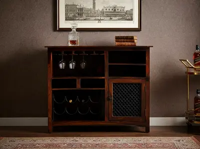 Solid Wood Wine Cabinet with Glass Holder and Storage - Dark Brown