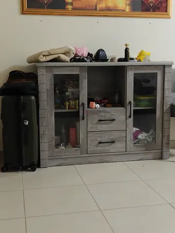 Grey Wooden Storage Cabinet with Glass Doors and Drawers
