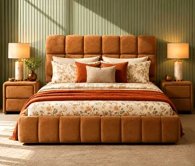 Queen/King Upholstered Bed with Padded Headboard in Tan Velvet