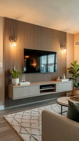 Wall-mounted TV entertainment unit with floating cabinet and slatted feature wall