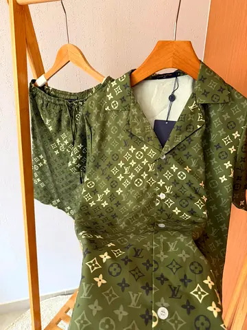 Olive green short sleeve shirt and matching shorts set