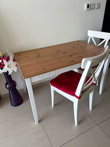 IKEA white dining table with 2 chairs