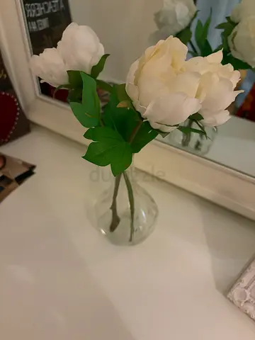 Artificial White Peonies in Glass Vase