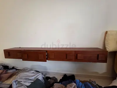 Wall-mounted wooden TV console / floating cabinet - solid wood finish