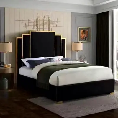 Modern Black Velvet Bed with High Headboard & Gold Accent