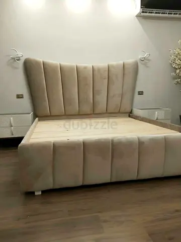 Beige Upholstered King Size Bed Frame with Padded Headboard