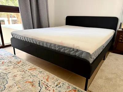 IKEA Queen Bed Frame SLATTUM – Dark blue, with Mattress VASTERÖY – Almost not used