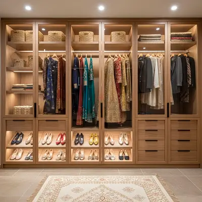 Custom built-in wooden wardrobe with glass doors and shoe storage