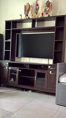 Dark Wood Entertainment Unit with Shelves and Cabinets
