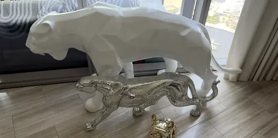 Set of Decorative Panther Statues — Large White and Silver Tiger