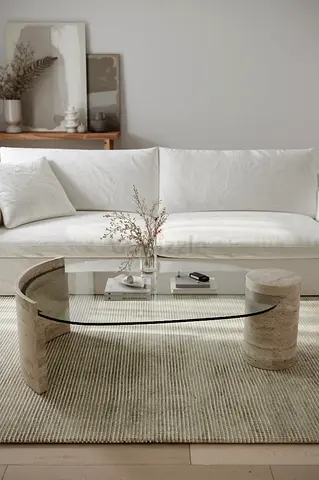 Modern Oval Glass Coffee Table with Stone Base - Good Condition
