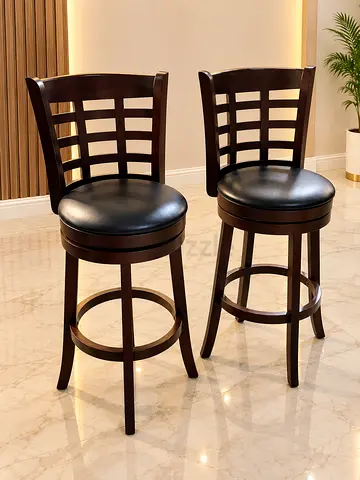 Set of 2 Swivel Wooden Bar Stools with Leather Seats