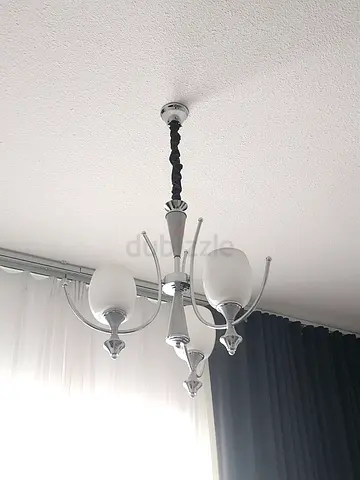 Pair of 3-arm Ceiling Light Fixture with Frosted Glass Shades - Silver Finish