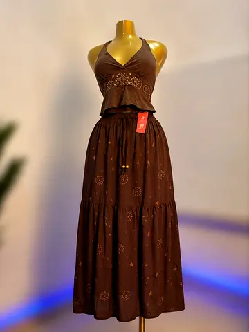 Brown embroidered two-piece halter top and maxi skirt set - new with tags