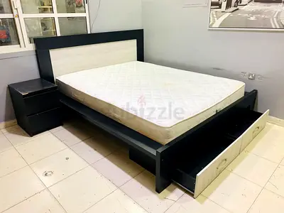 Queen platform bed with storage drawers and mattress - dark wood