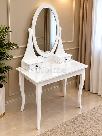 White Dressing Table with Oval Mirror and Two Drawers