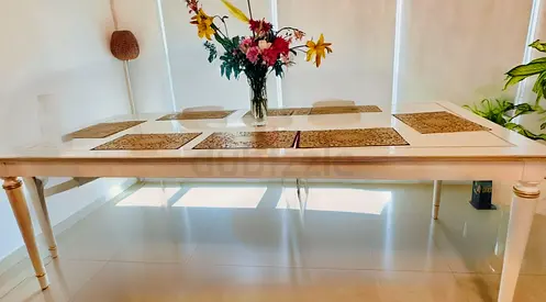 White rectangular dining table with glass top - seats 6