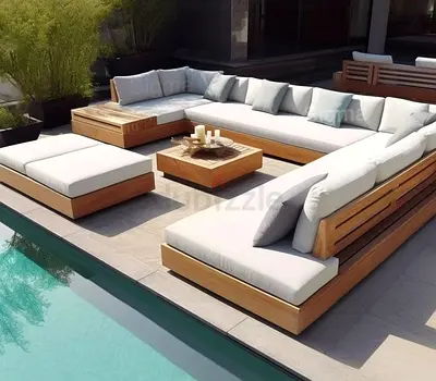 Modern Wooden Outdoor Sectional Sofa Set with Coffee Table and Ottoman