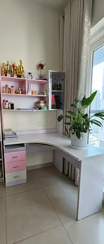 White L-shaped study desk with shelves and drawers - good condition