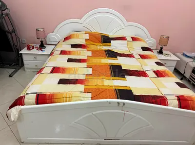 REDUCED - White wooden king-size double bed set with two bedside tables, a dresser & mattress.