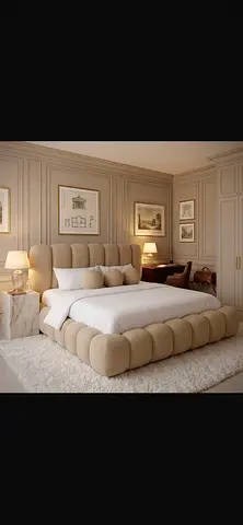 Beige Upholstered Bed with Padded Headboard and Frame