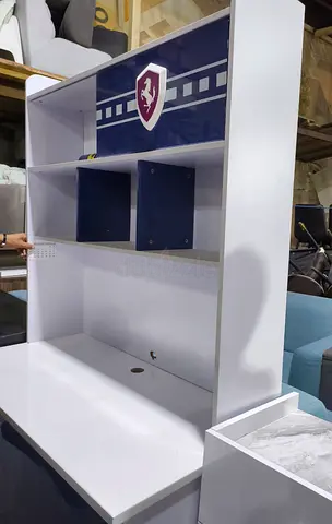 White and Blue Kids Study Desk with Shelves and Shield Accent