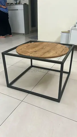 Modern industrial square coffee table with wooden top from Wood & Steel