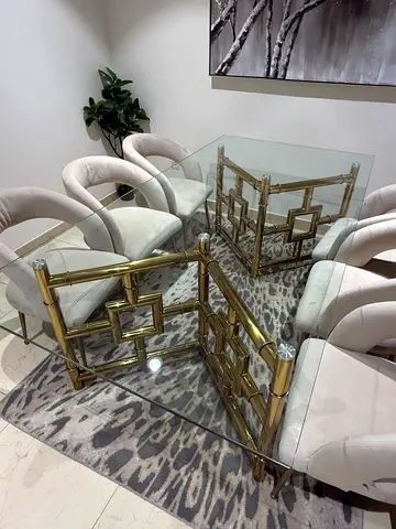 Glass Dining Table with Gold Geometric Base - Good Condition