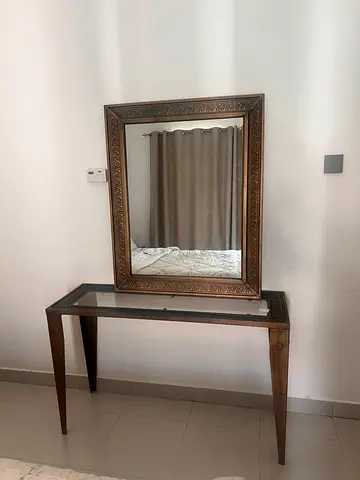 Metal console Table with Ornate Framed Mirror