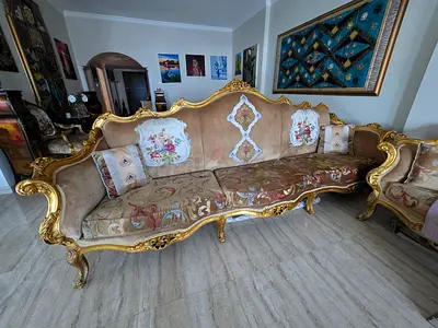 Classic French Style 3-Seater XL Sofa (Gold Frame & Velvet / Tapestry)