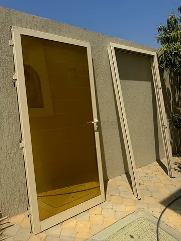 Set of 2 Aluminium Glass Doors / Windows - Beige Frame