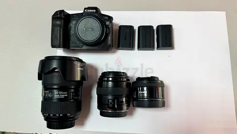 Canon EOS R mirrorless body with 3 lenses + 3 batteries (24-105mm, 50mm, 85mm)