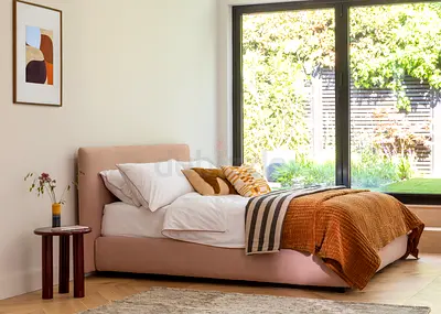 Pink velvet square headboard queen bed frame