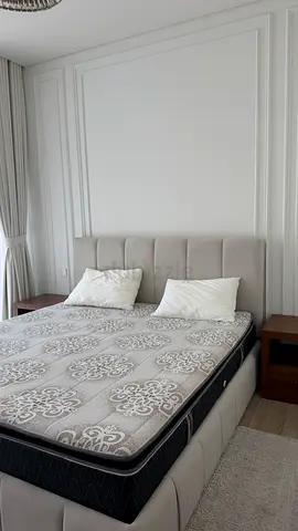 Queen bed frame with mattress and two bedside tables - light grey. All what in the pic for sale