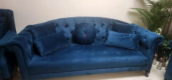 Blue Velvet 3-Seater Sofa +2+1 with Cushions —V. Good Condition