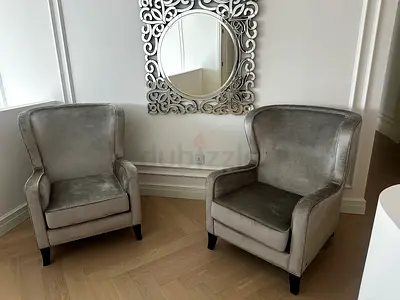 Pair of silver velvet wingback armchairs - excellent condition